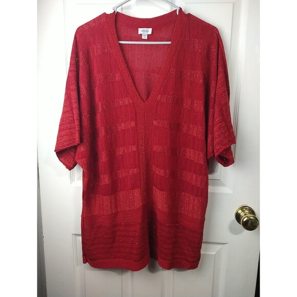 Avenue Woman Red Sweater SS Drop Shoulder Shimmer Striped V Neck Sparkle Tunic - Picture 1 of 9